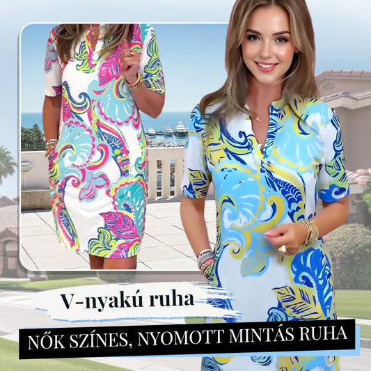 💐Nők színes, nyomott mintás V-nyakú ruha👗