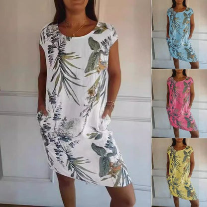 👗 🌼Női pamut & vászon kerek nyakú nyomtatott ruha