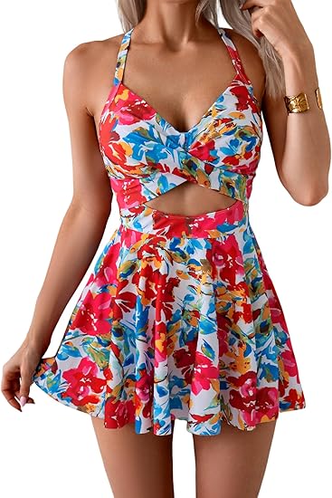 ⏳LAST DAY SPECIAL PRICE ONLY ￡13.99‼️💥50K+ SOLD🌺Floral Cutout Swim Dress✨V Neck Tie Back One Piece Skirt Swimsuit Holiday Beach Outfit👙