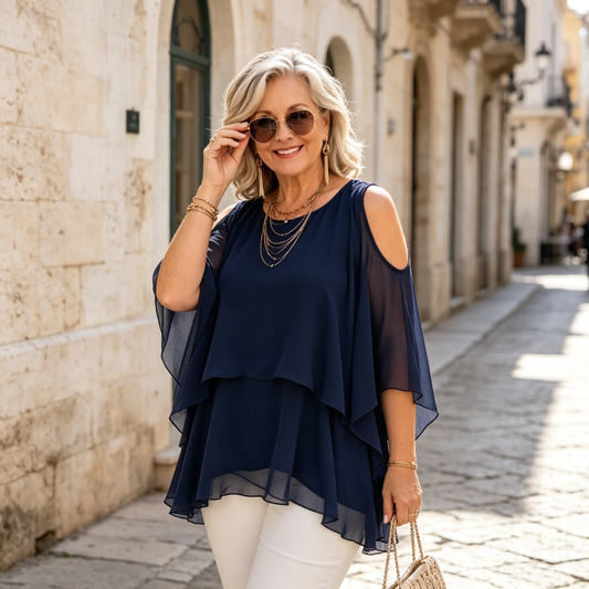 ✨ 👗✨ Női Fodros Vállkivágásos Felső – Nőies Szabadság, Könnyed Stílus