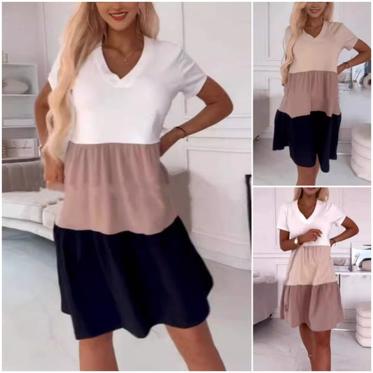 ✨Háromszínű patchwork minta, elegáns női hosszú ruha, édes szív dekoltázzsal