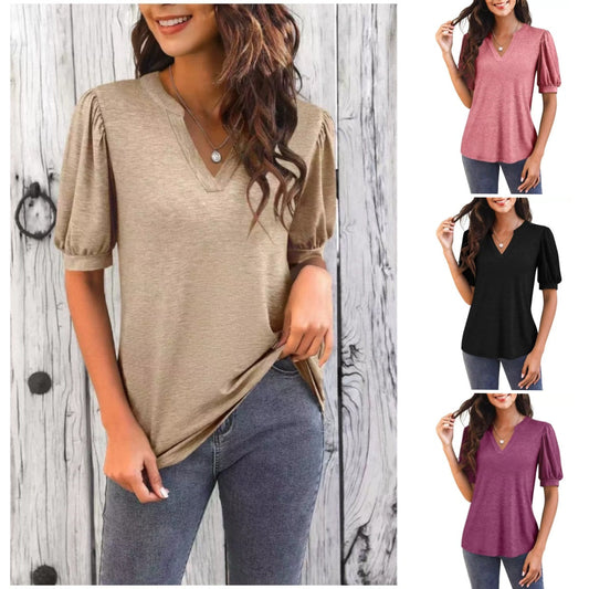 👚Női V-nyakú alkalmi puff rövid ujjú felső elegáns póló