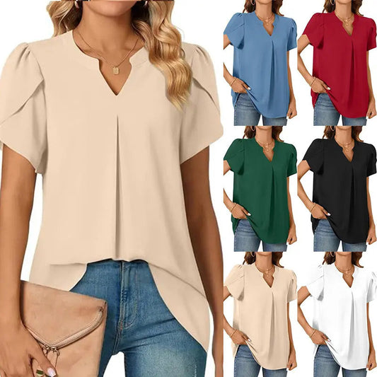 💖Női V-nyakú egyszínű egyszínű rövid ujjú felső👚