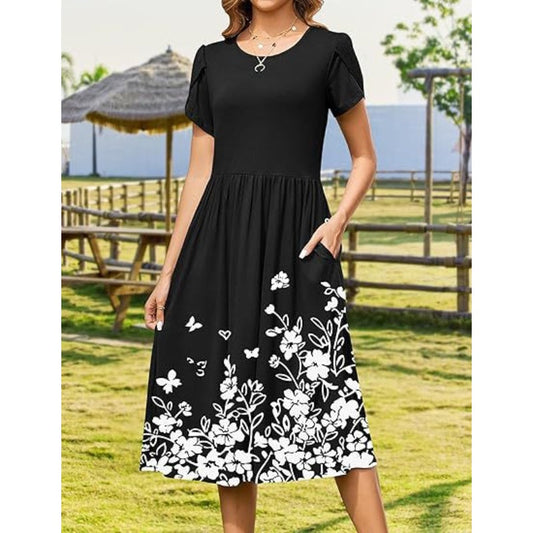 💐Elegáns női midi ruha kerek nyakkivágással és zsebekkel
