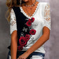 👚 Csipkés patchwork nyomtatott rövid ujjú felső🌺