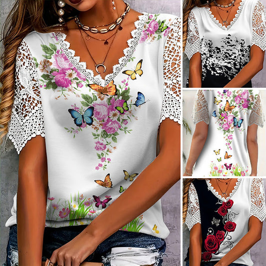 👚 Csipkés patchwork nyomtatott rövid ujjú felső🌺
