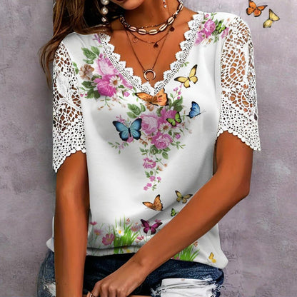 👚 Csipkés patchwork nyomtatott rövid ujjú felső🌺