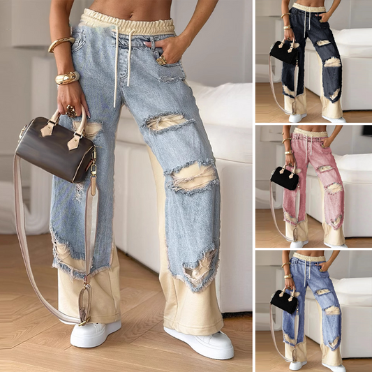 🍁Kora őszi akció👖Patchwork denim rugalmas húzózsinórral ellátott, széles szárú nadrág
