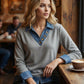 Női patchwork denim galléros, műbőrből készült, 2 részes felső