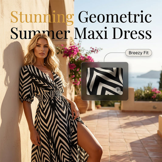 👗 Chevron Mintás V-nyakú Puffos Ujjú Midi Ruha