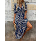 👗 Chevron Mintás V-nyakú Puffos Ujjú Midi Ruha