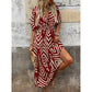 👗 Chevron Mintás V-nyakú Puffos Ujjú Midi Ruha