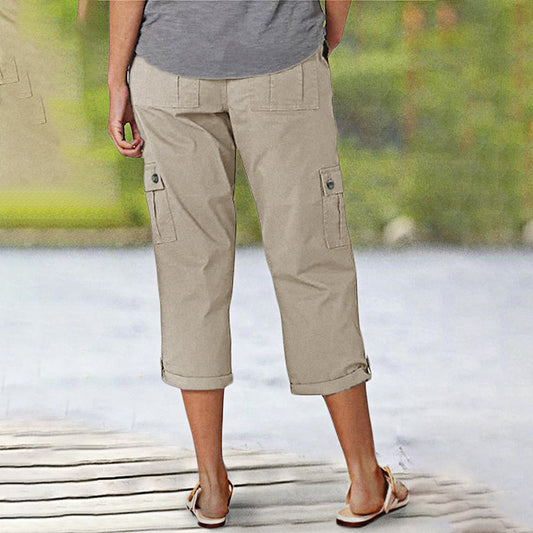 👖 Többzsebes, egyszínű, alkalmi cargo capri nadrág