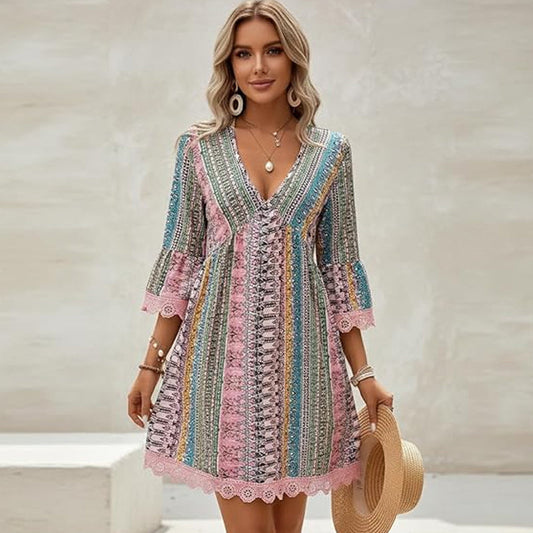 👗 Női bohém mintás V-nyakú mini ruha