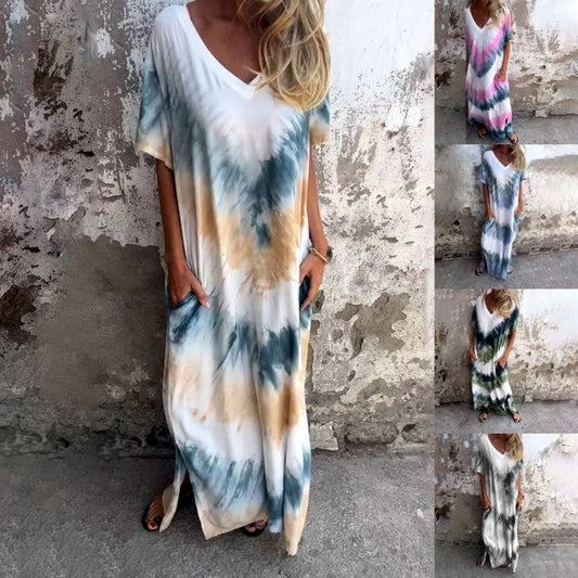 👗 Kényelmes, bő szabású, nyomott mintás V-nyakú hosszú ruha