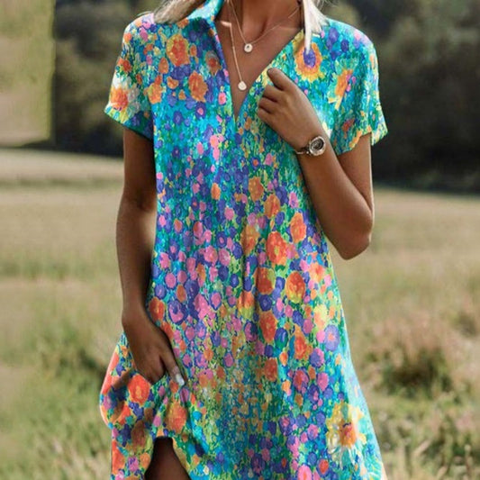 👗 Női stílusos mintás alkalmi V-nyakú ruha