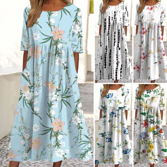👗 👗 Női elegáns virágmintás kerek nyakú hosszú ruha