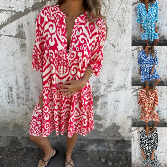 👗 V-nyakú, mintás, háromnegyedes ujjú ruha