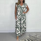 ☀️ Női nyári, fodros, széles szárú jumpsuit geometrikus mintával