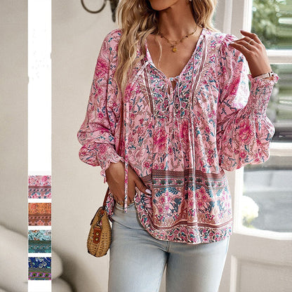 👕 Női Divat Mintás V-nyakú Hosszú Ujjú Ing