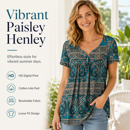 Women's Paisley Print V-Neck Short Sleeve Top