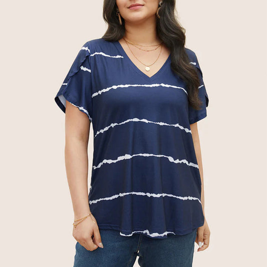 👕 Női Plus Size Csíkos Rövid Ujjú V-Nyakú Póló
