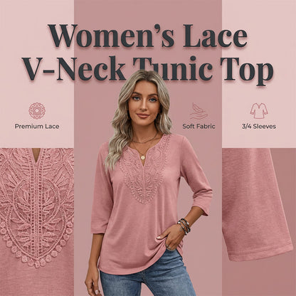 🎀 Női V-nyakú csipkeszegélyes 3/4 ujjú tunika felső