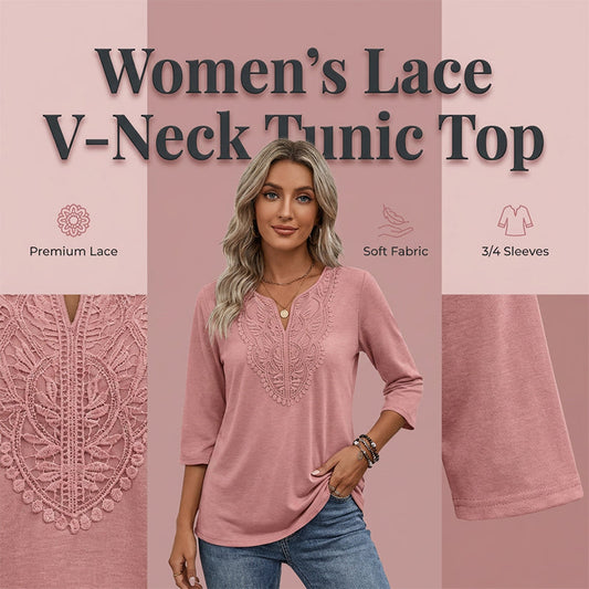 🎀 Női V-nyakú csipkeszegélyes 3/4 ujjú tunika felső
