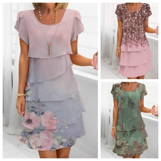 👗 Női Nyári Kerek Nyakú Virágmintás Torta Ruha