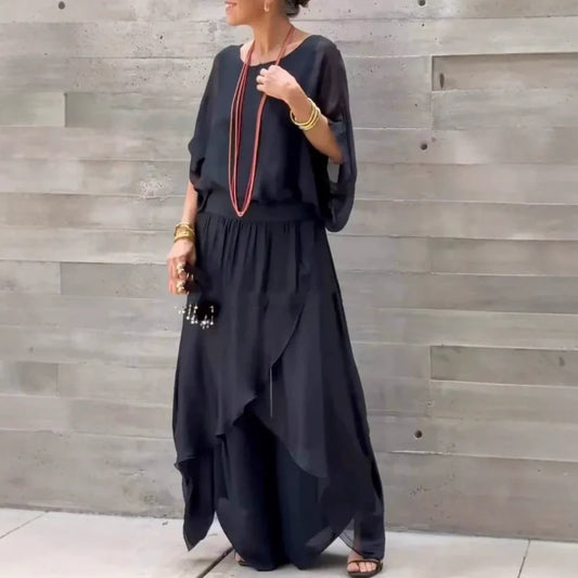 👖 Laza Felső & Hasított Széles Szárú Nadrág Sifon 2-Darabos Szett