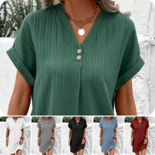 👗 Egyszerű egyszínű V-nyakú rövid ujjú ruha nőknek