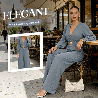 🔗 Elegáns V-nyakú, széles szárú jumpsuit övvel