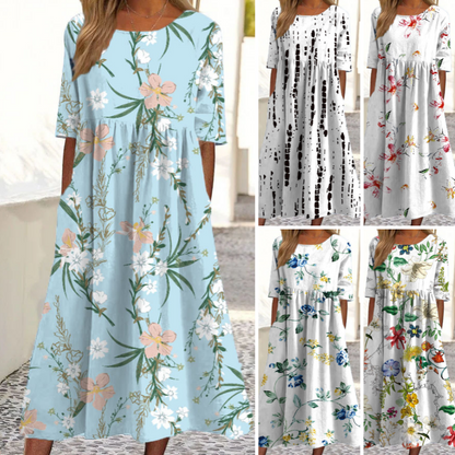 Women’s Elegant Floral Print Round-Neck Long Dress