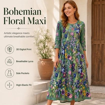 Women's Floral Print 3/4 Sleeve Midi Dress with Pockets