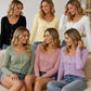Women's Casual Round Neck Pointelle Long Sleeve Top