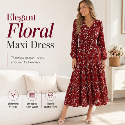 👗 Női Virágmintás V-Nyakú Gumírozott Derékrészű Fodros Ruha