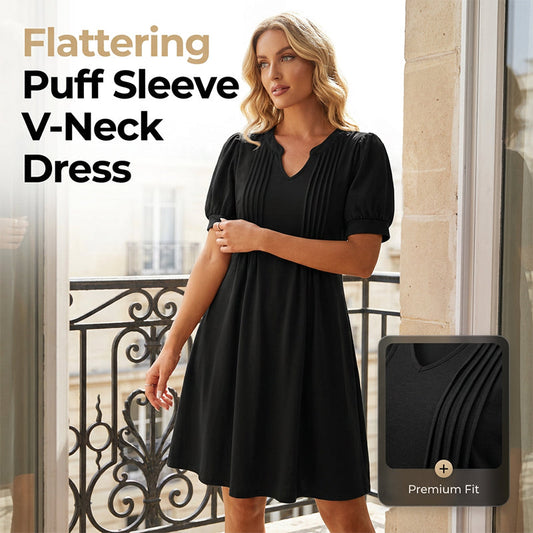 👗 Női elegáns puffos ujjú V-nyakú ruha