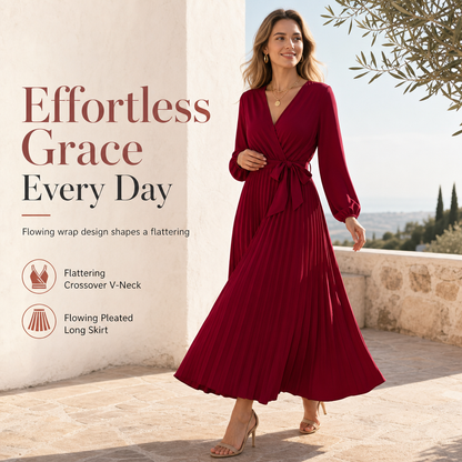 👗 Női elegáns, keresztbe futó V-kivágású, pliszírozott maxiruha