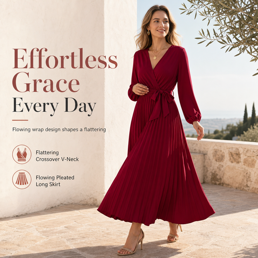 👗 Női elegáns, keresztbe futó V-kivágású, pliszírozott maxiruha