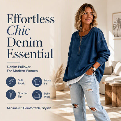 👖 Pulover din denim cu mâneci lungi și fermoar semi-deschis pentru femei