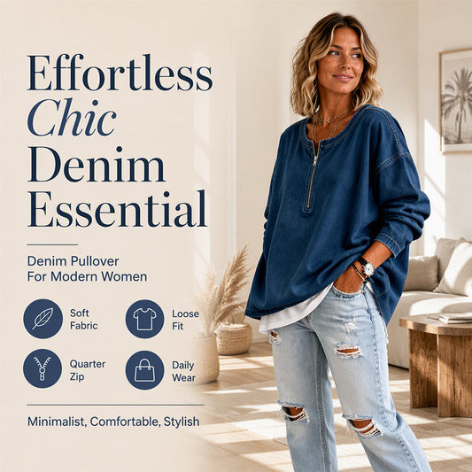 👖 Pulover din denim cu mâneci lungi și fermoar semi-deschis pentru femei